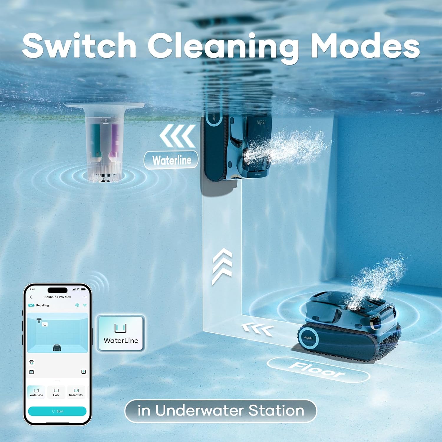 An AIPER HydroComm Pro floating near the waterline with an AIPER robotic pool cleaner operating underwater, illustrating the ability to switch between waterline and floor cleaning modes via the app.