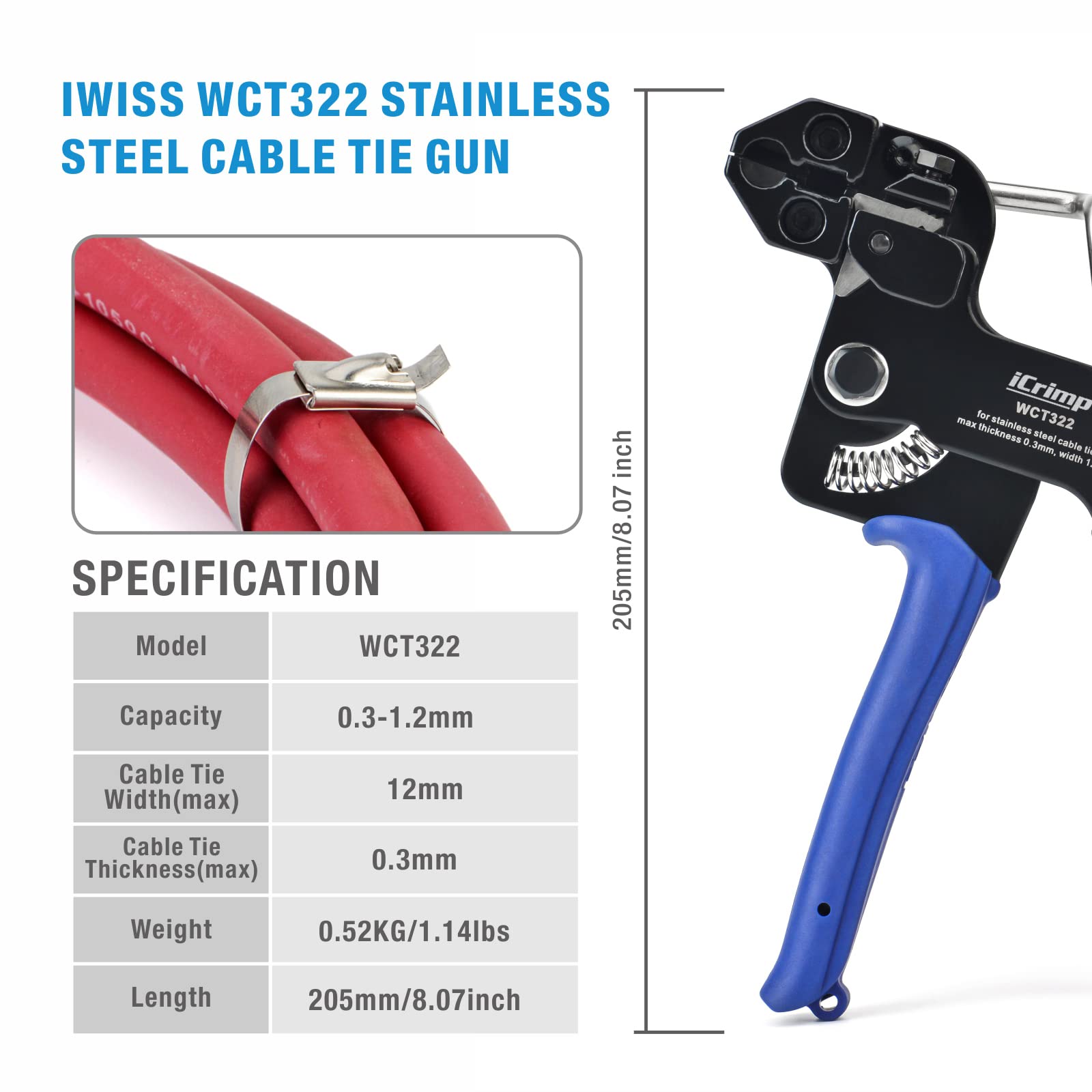 IWISS WCT322 - Kit di fascette stringicavo in acciaio inossidabile per fissaggio e taglio fino a 12 mm di larghezza, fascette in metallo, 100 fascette stringicavo in acciaio inox, pistola per fascette