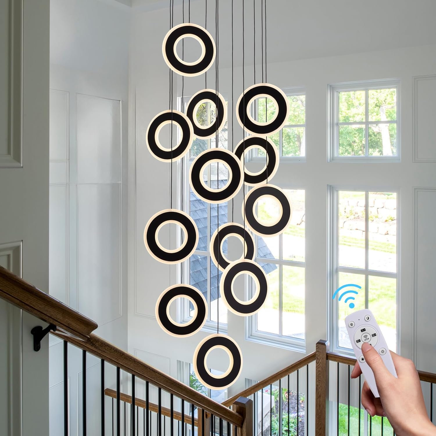 modern staircase led chandelier with remote control, 12 rings dimmable foyer chandeliers for high ceilings entryway hallway entrance living room, foyer lighting fixtures, 3000k-6500k