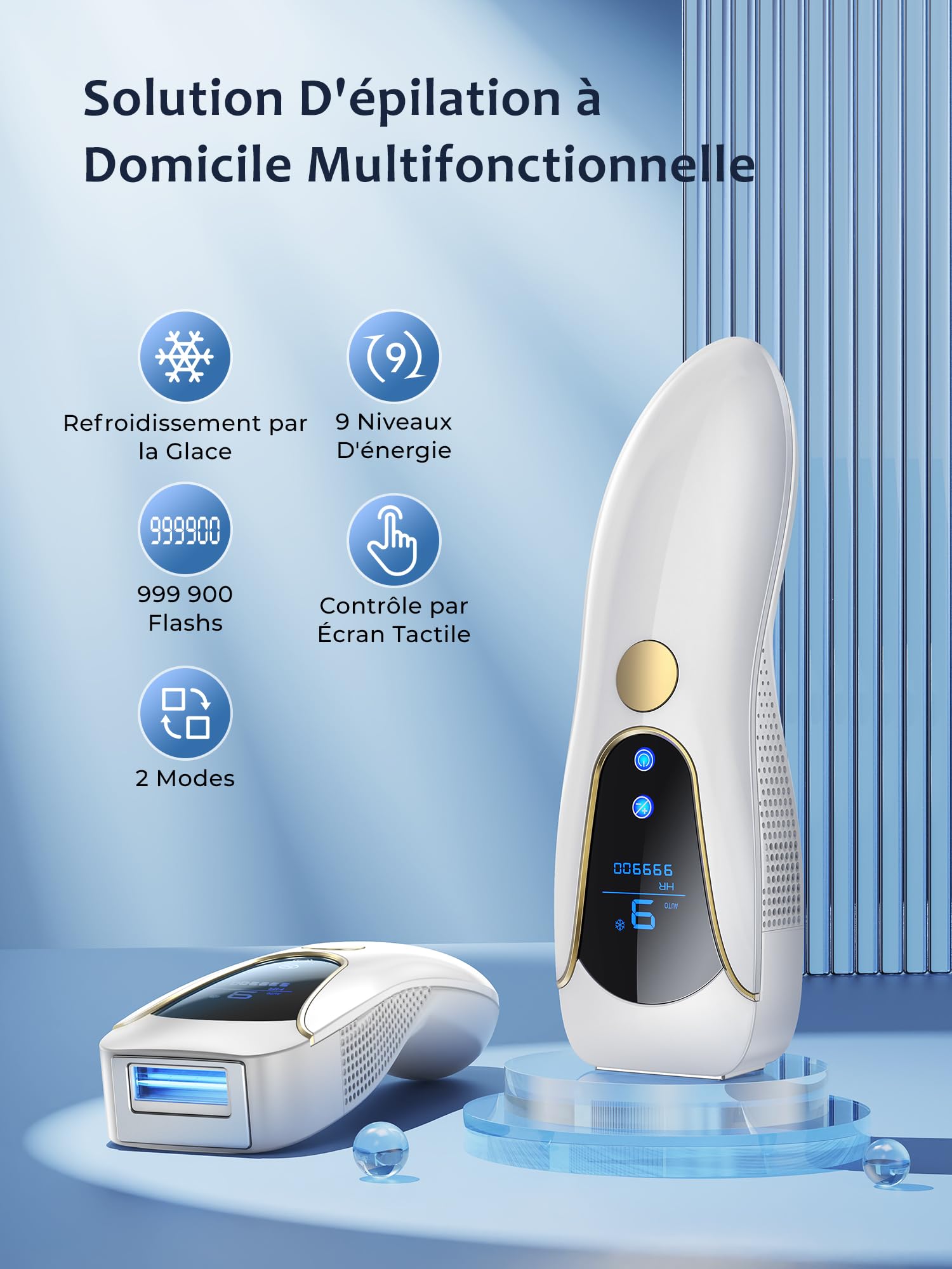 Épilateur Lumière Pulsée avec Fonction de Refroidissement, Épilateur Laser avec 999,900 Flashs, 9 Niveaux d'Énergie, Épilation IPL pour Visage, Aisselles, Jambes et Bikini - Hommes et Femmes, Blanc