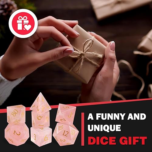 Miniatura 6 de Juego de dados DND de cristal de cuarzo rosa, 7 dados de piedras preciosas rosas para Calabozos y Dragones, dados únicos D&D con estuche de dados