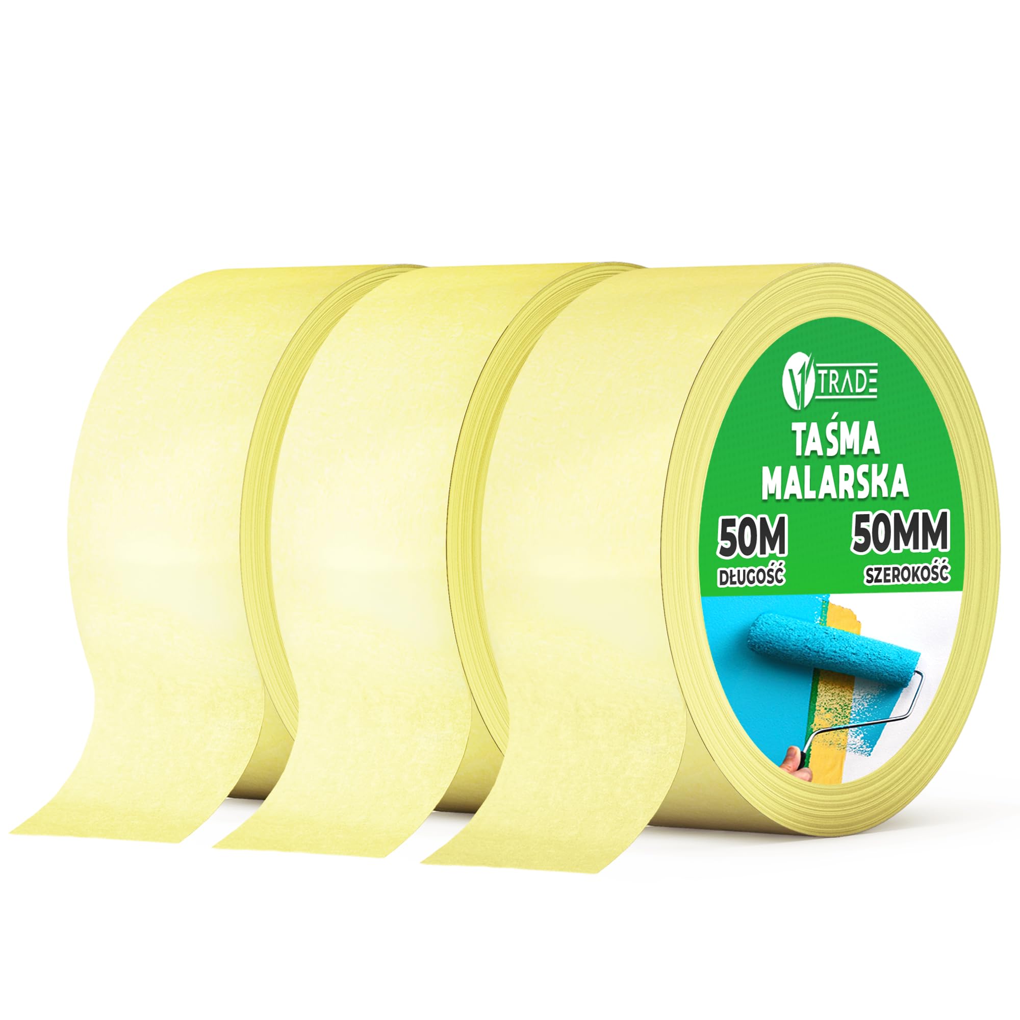 V1 Trade Taśma maskująca 50 mm x 50 m, 3 sztuki, uniwersalna taśma malarska, łatwa do zdejmowania, wodoodporna taśma malarska, żółta taśma klejąca