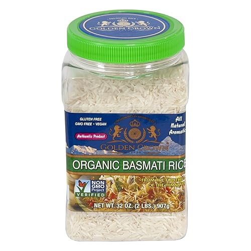 Golden Crown Organic Basmati Rice - Tarro de 32 onzas (2 libras)  Arroz blanco orgánico de grano largo  Sabor increíble, comidas saludables y olor