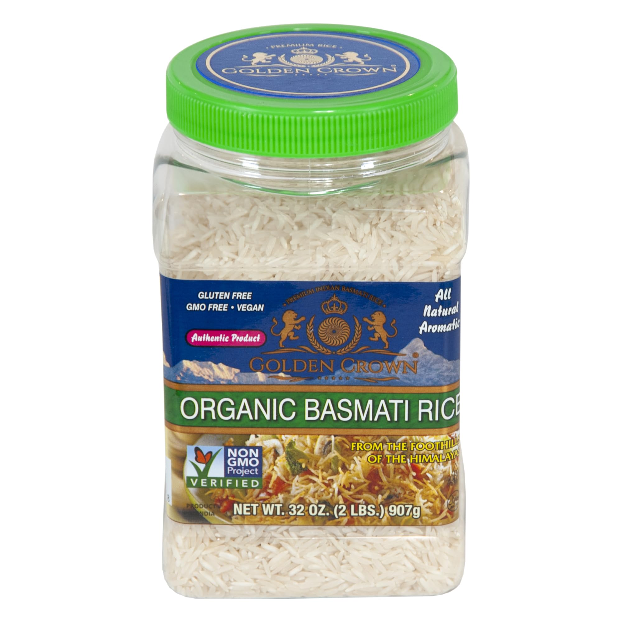 Golden Crown Organic Basmati Rice - 32 oz (2LB) Jar | Organic Long Grain White Rice | Amazing Taste, Healthy Meals & Natural Aromatic Smell | Premium Gluten-Free Rice