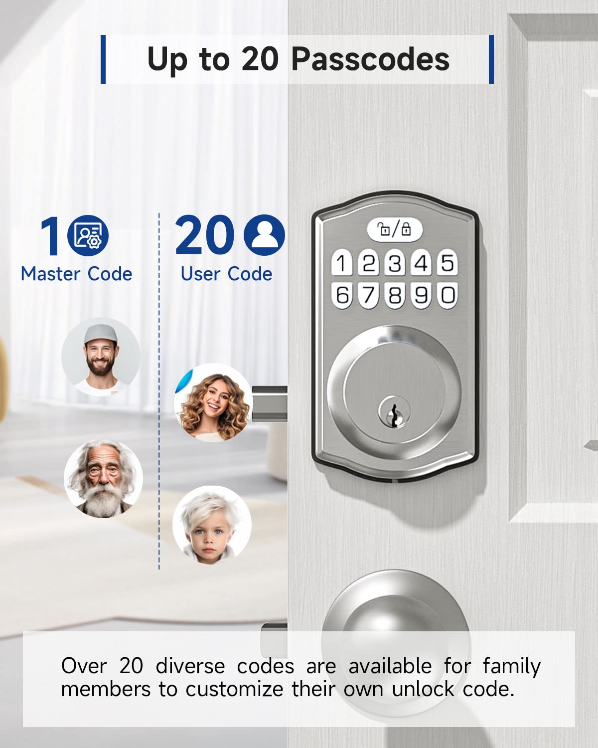 HOSOM Pêne dormant à clavier pour porte d'entrée, serrure électronique de porte d'entrée sans clé, double cylindre, 20 codes utilisateur, verrouillage automatique, nickel satiné