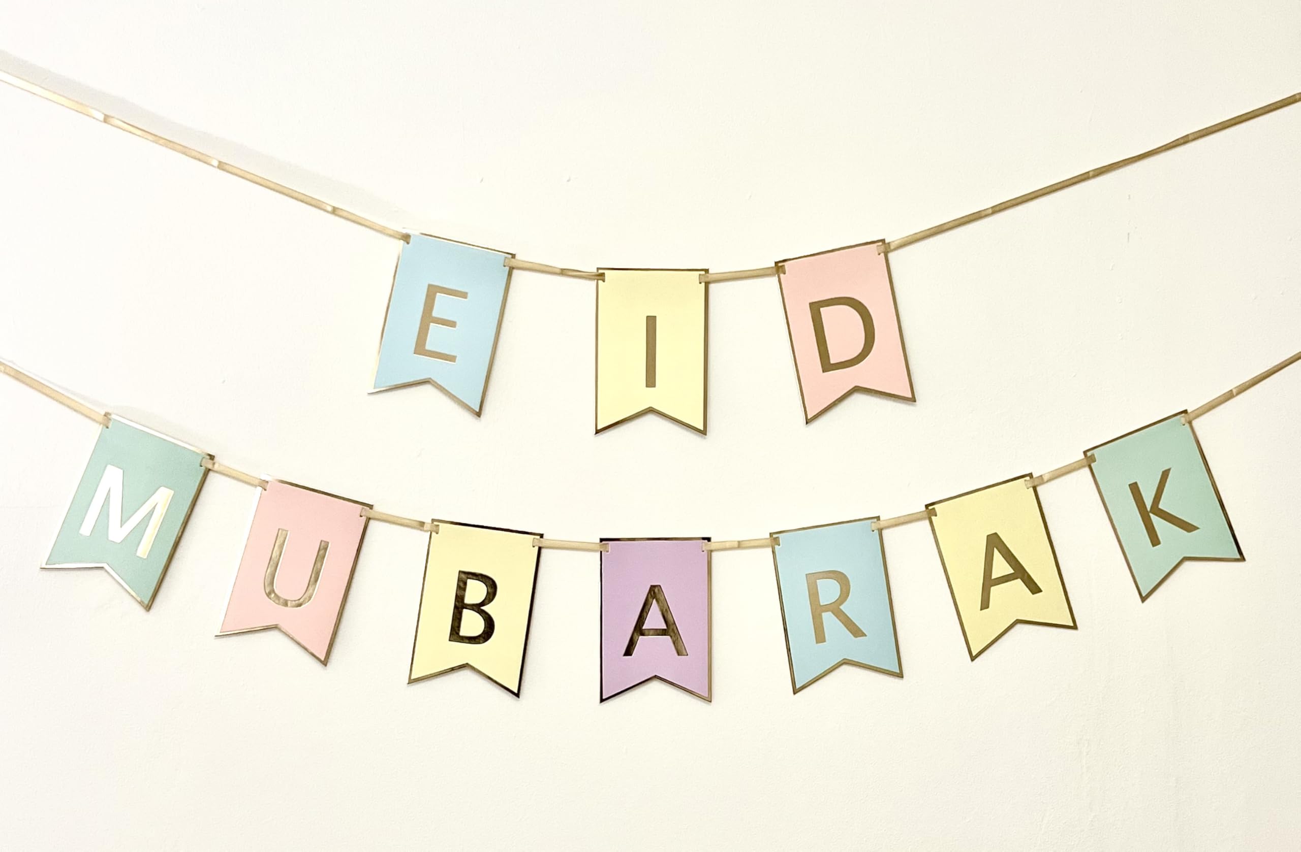 Islamic Moments Gold Foil Eid Mubarak Letter Bunting - Pastel Shades - Pennant-Shaped - Card Material - Reusable Garland