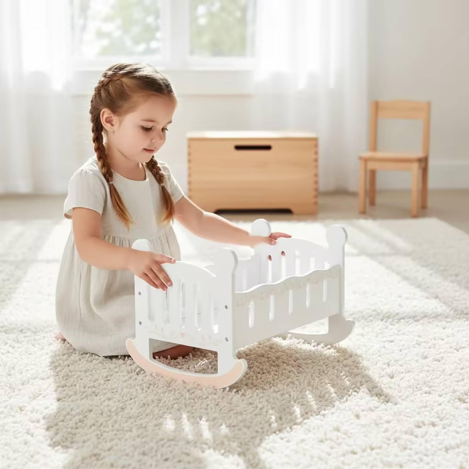 harayaa Kinder Puppenwiege Puppenbett Puppenkrippe Schaukelbett Holzbett mit Sanfter Wippfunktion aus Holz für Rollenspiel Und Fürsorge für Kinderzimmer Kindergarten Spielzimmer 52.5x34x30cm