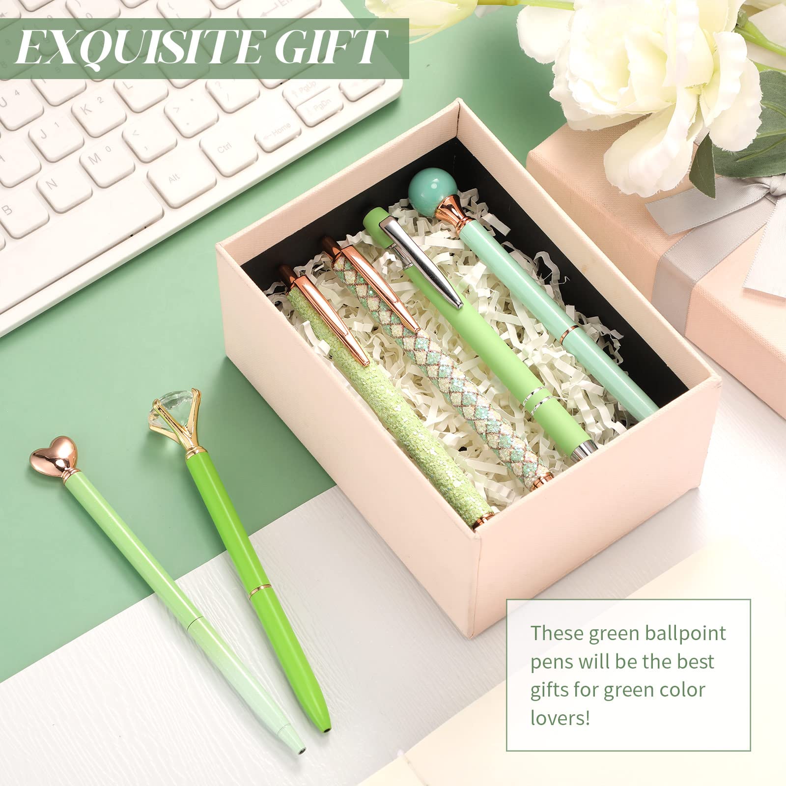 Qeeenar 6 Pcs Ballpoint Pens Set Metal Crystal Diamond Pen for Journaling Glitter Pretty Cute Stationery Black Ink Fancy Gifts for Women Girls Teacher Office Wedding School Supplies(Green Series)