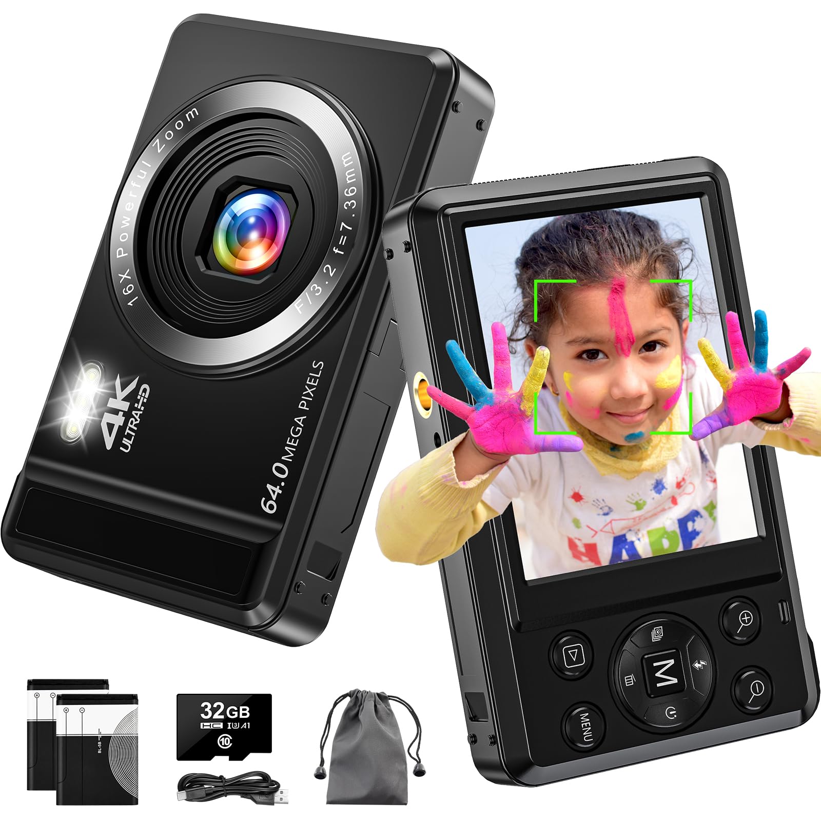 Fotocamera Digitale 4K 64MP Con Scheda 32GB - Compatta Per Bambini E Principianti