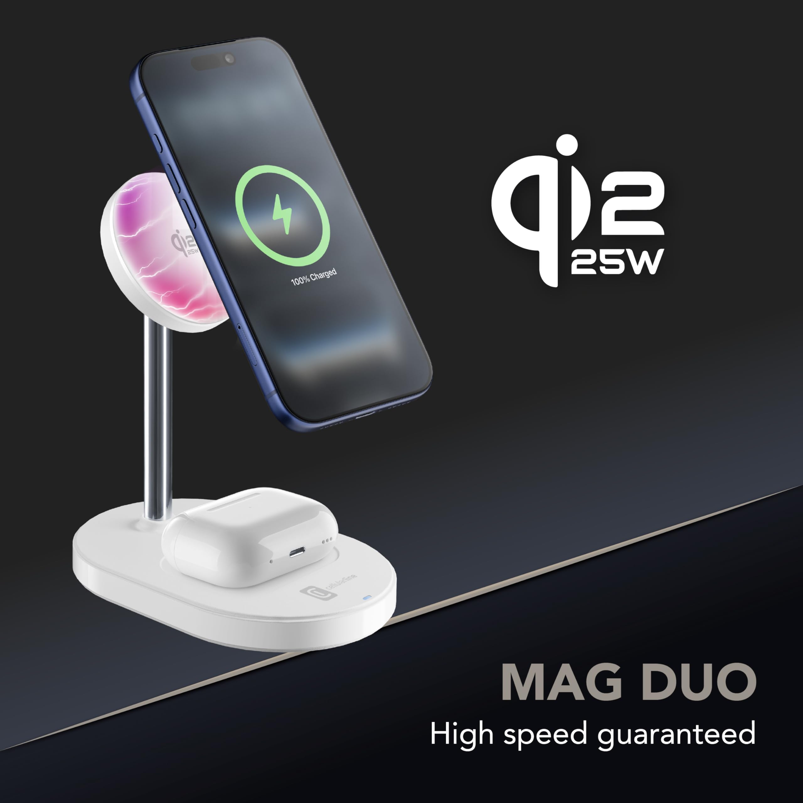 Cellularline MAG Duo Magnetisches Wireless-Ladegerät – 25W 2-IN-1 Kabellose Ladestation – Zertifiziert mit Qi2.2-Technologie, Weiß