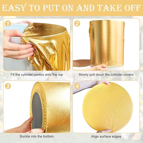 Miniatura 5 de Juego de 3 fundas de pedestal de cilindro doradas, cubiertas flexibles para soporte de cilindro para decoración de fiestas, bodas o eventos de