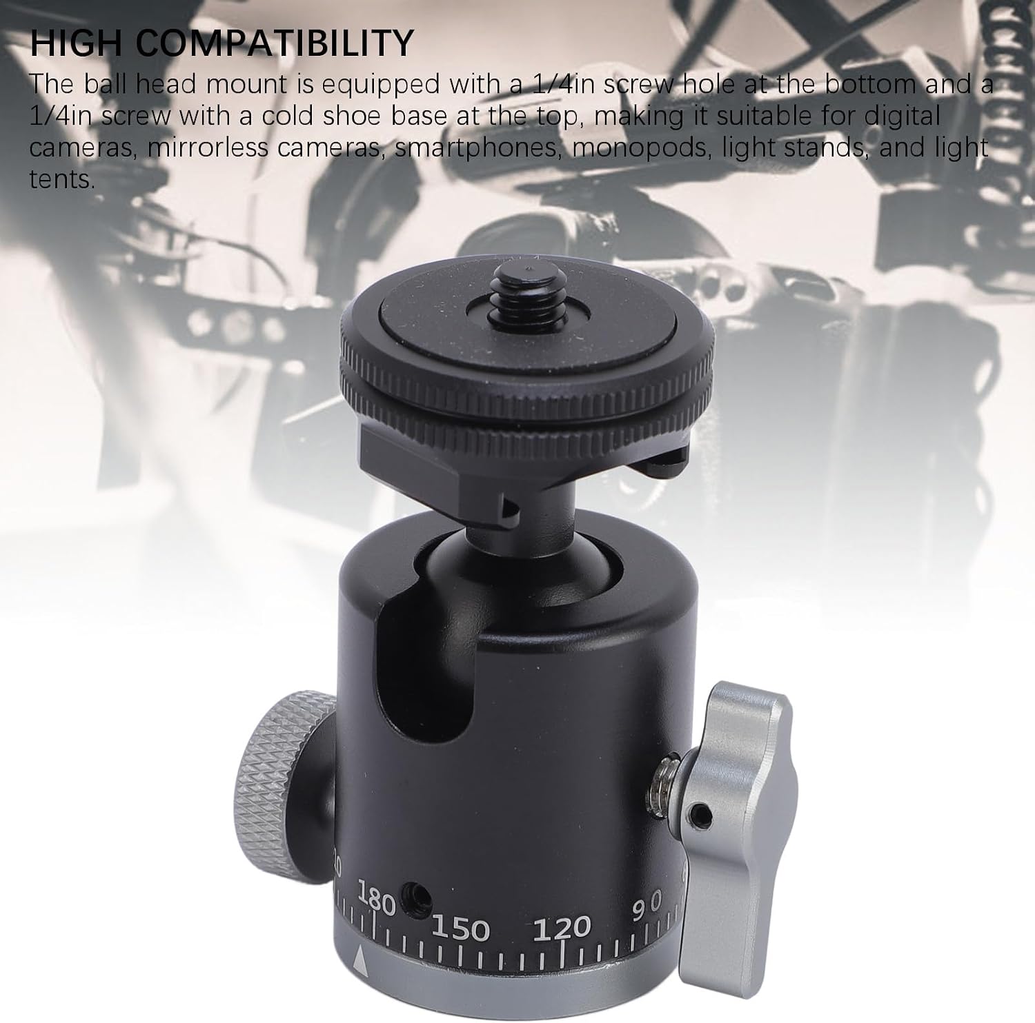Mini Ball Head, 360° Panoramic Tripod Head with Cold Shoe Mount 1/4 Inch Screw Hole for DSLR Camera Monopod Cellphone, Aluminum Alloy