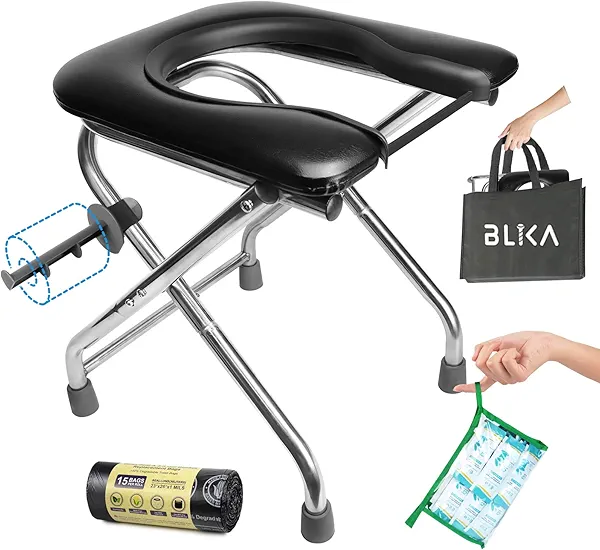 BLIKA Portable Toilet for Camping, 350LBS Stainless Steel Foldable Camp Travel Toilet with Soft Seat for Adults, Portable Potty for Camping, RV Travel, Road Trips, Includes Waste Bags with Gel