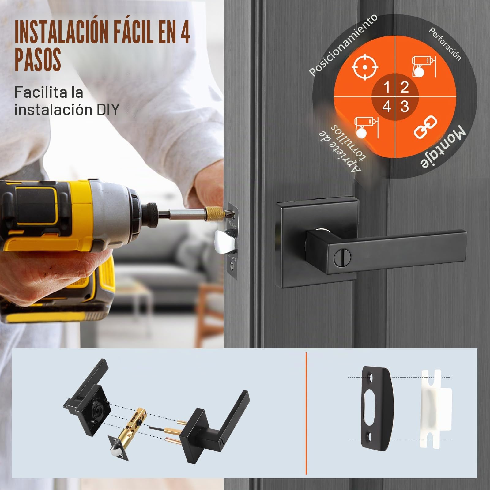VEVOR 5 PCS Manija de Puerta de Privacidad, Manija Reversible para Zurdos o Diestros con Cerradura sin Llave, Rotación de 45° para Abrir, Interior Cuadrado Universal para Puertas de Baño, Negra Mate
