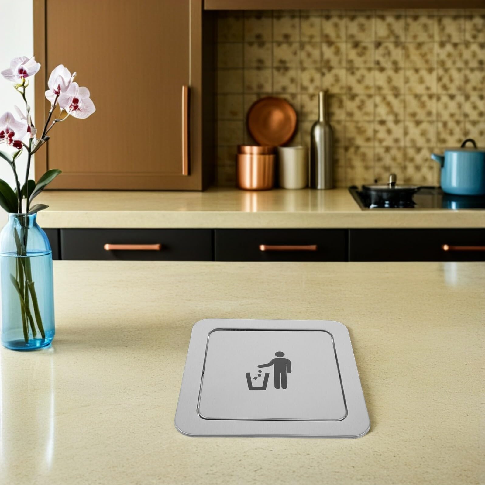 TEHAUX Coperchio in Incasso a Inossidabile da Acciaio della Spazzatura Quadrato Bidone Design Ergonomico Sportello Battente per Apertura 19-21 CM per Cucina