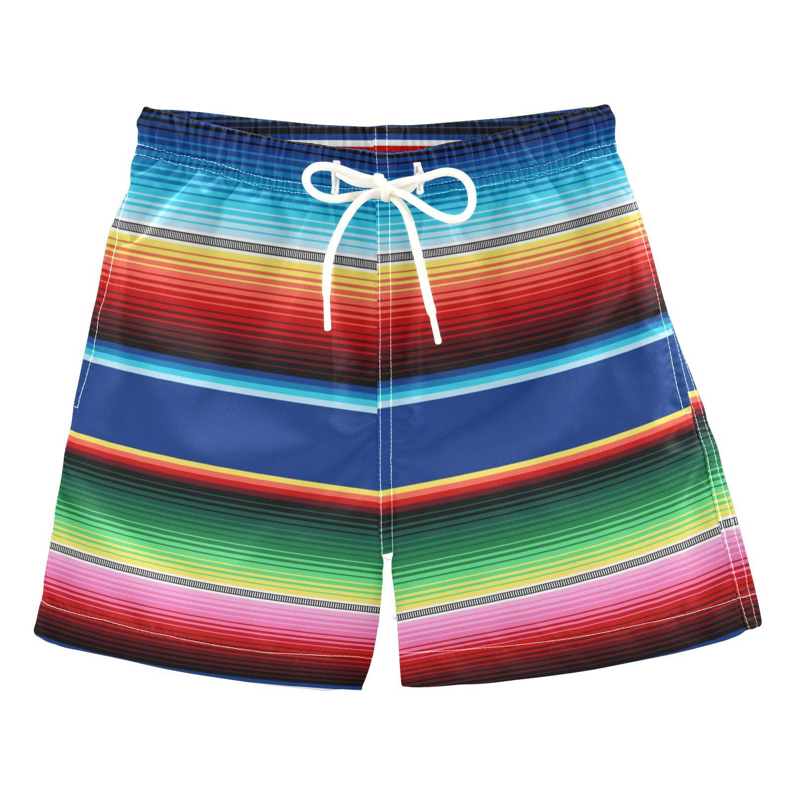 KEEPREAL Mexican Serape Blanket Stripes Boys Swim Trunks with Boxer Brief Liner, Boys Swimwear Quick Dry Bathing Suit Toddler Swim Trunks#702 Multicoloured