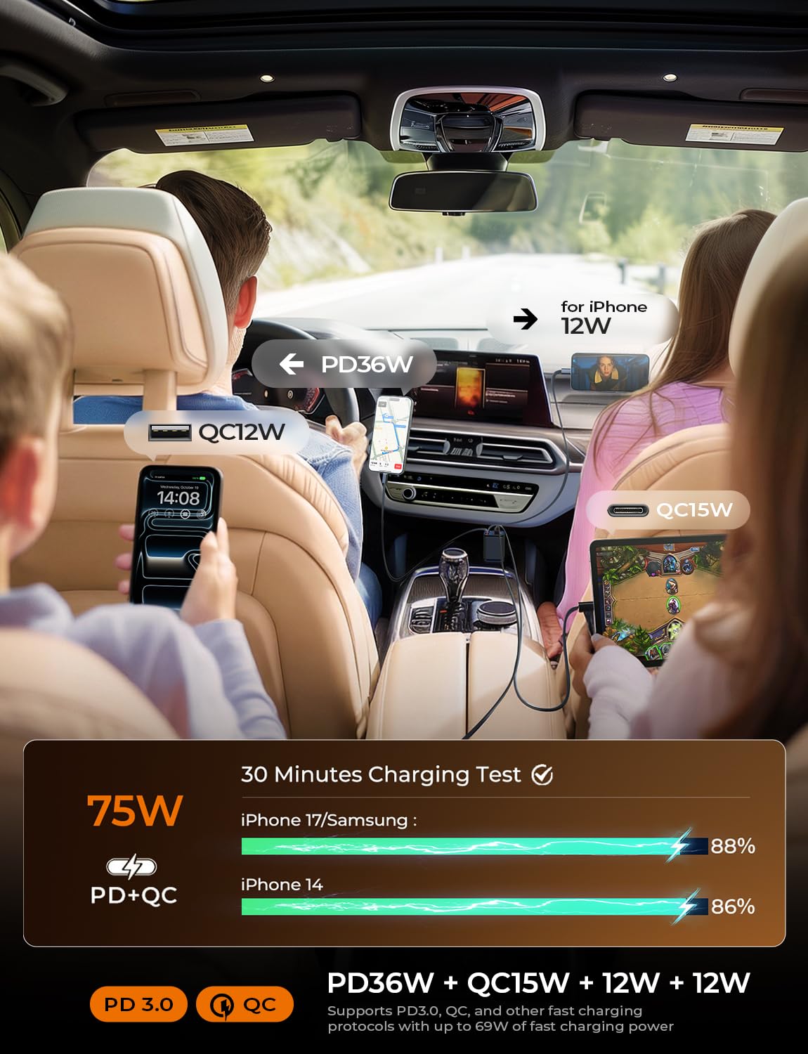 LISEN 4 in 1 Starlight Retractable Car Charger, 75W USB C Cigarette Adapter Fast Charging, Starlight Retractable Car Accessories for Women Mom, for iPhone 17 Pro Max Air 16 15 14 13 12 view 7