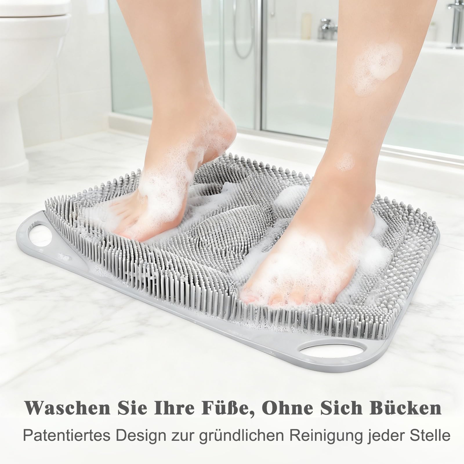FREATECH Silikon Fußschrubber Matte, Fußbürste Dusche - mit Rutschfesten Saugnäpfen, Duschmatte für Allround Reinigung, Peeling und Massagefunktion, Fördert die Fußgesundheit, Grau, 44 x 33 cm