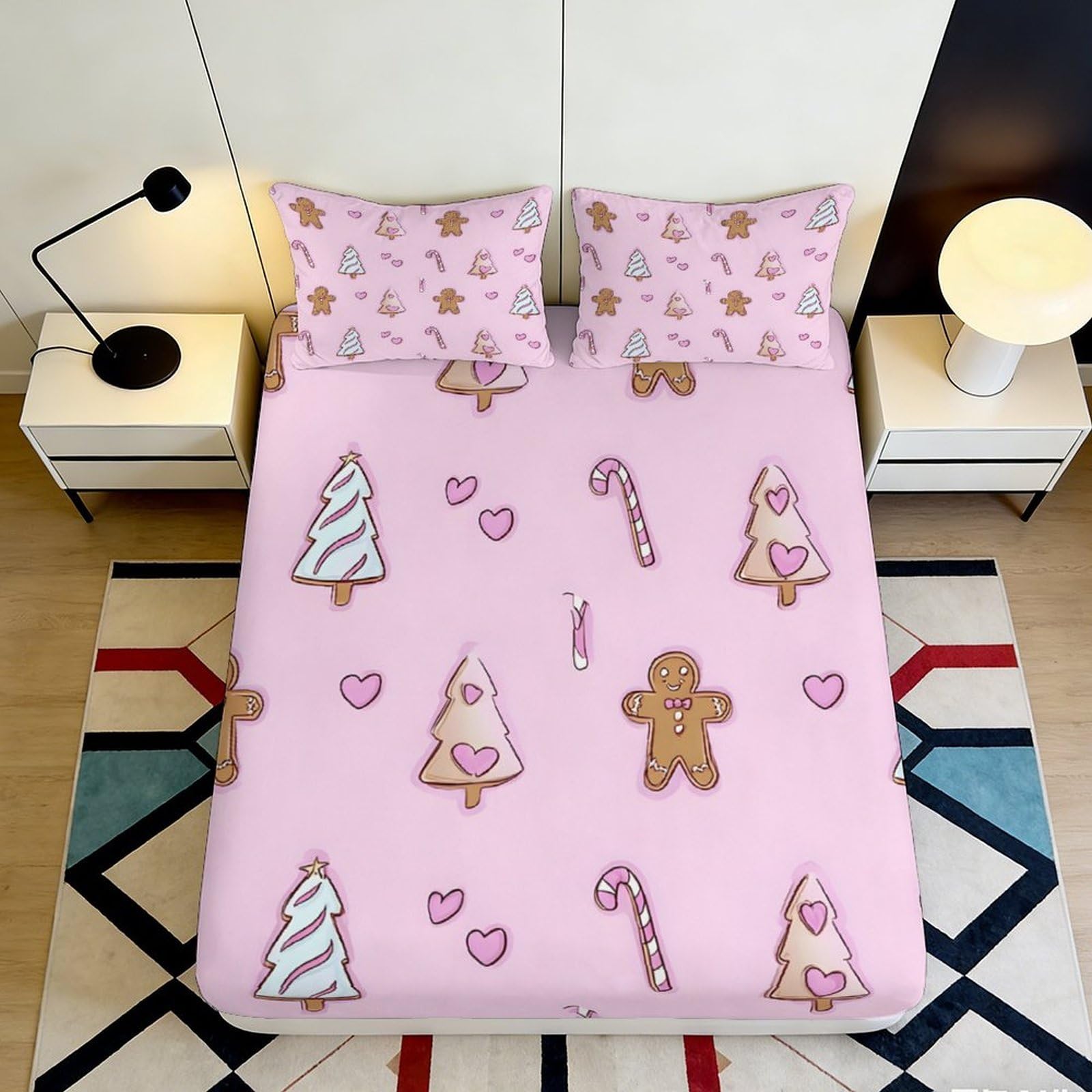 3D Printed Pink Christmas Cookies Fitted Sheet Microfiber Soft Breathable Gingerbread Trees Bed Cover for Bedroom Dormitory Guest Room Mattress Protection 160x200x25cm