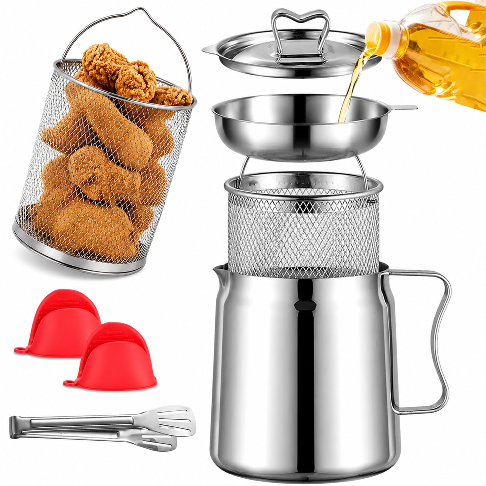 LLELEMAMO 2-in-1 304 Stainless Steel Multifunctional Oil Strainer Pot, 2L Deep Fat Fryer with Basket & Lid, Large Bacon Grease Container Oil Filter for Kitchen Cooking Frying Camping (2L)