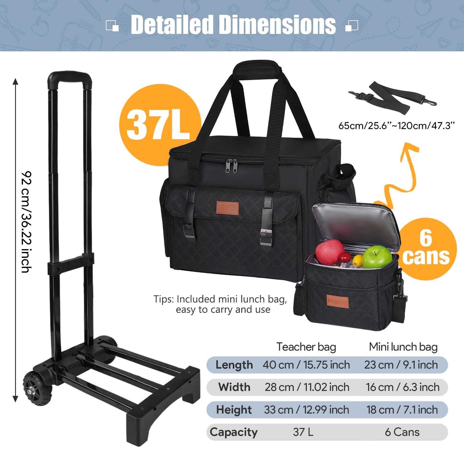 INSMEER Sac à roulettes pour enseignant avec compartiment pour ordinateur portable de 15,6", sac fourre-tout à roulettes pour enseignants avec sac à déjeuner supplémentaire, sac à roulettes 3 en 1