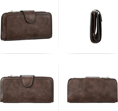 Miniatura 5 de Cartera para mujer, de piel, plegable, larga, con tarjetero, organizador para damas, encerada con aceite, de dos tonos color amarillo