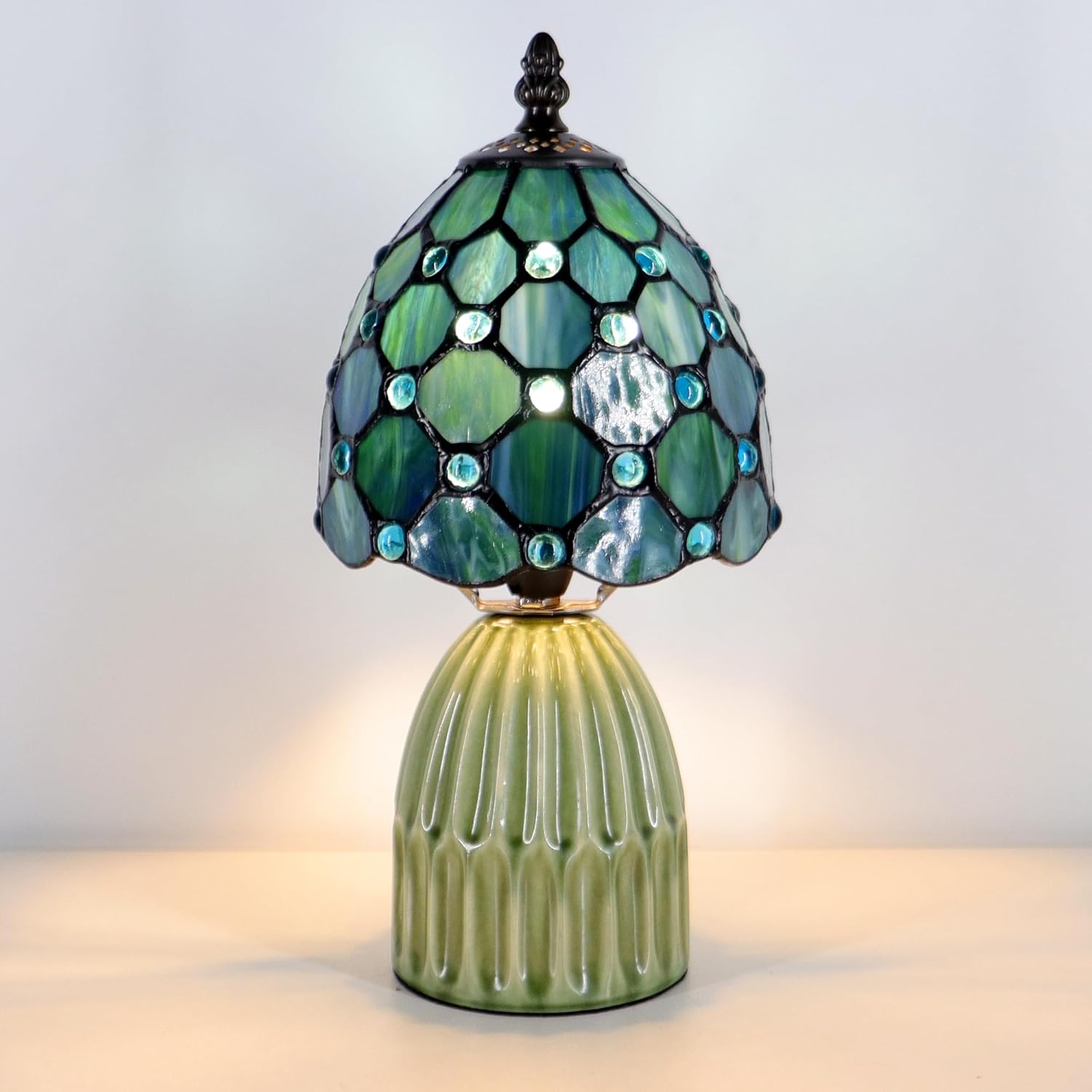 Tiffany Lamp Stained Glass Mushroom Table Lamps 6X6X12.5 Inch Sea Blue Pearl Style Small Night Light Ceramic Base Mini Accent Desk Light Suitable for Bedside Table Bedroom Children Room
