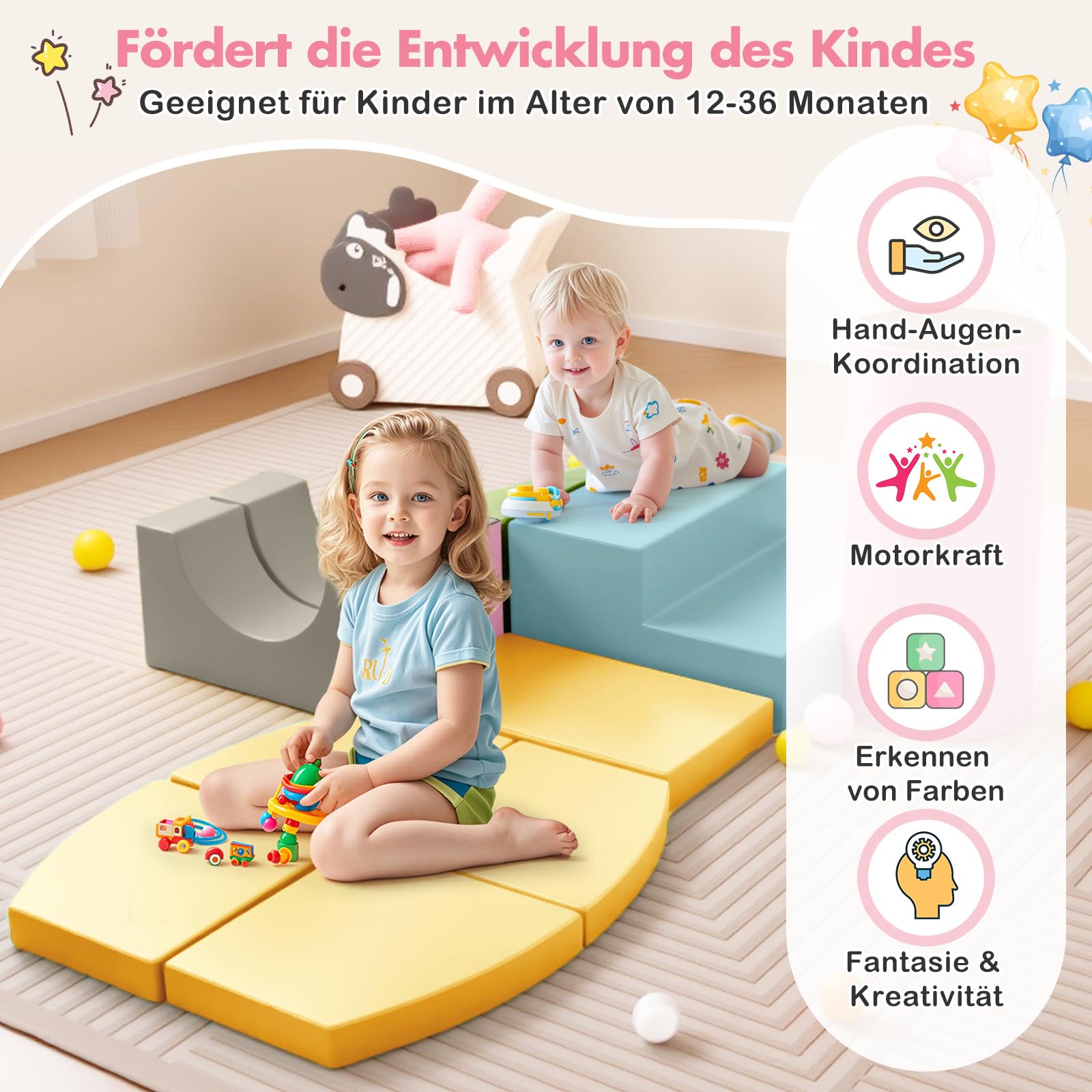 COSTWAY 10 TLG. Schaumstoff Bausteine, Softbausteine weich zum Klettern & Rutschen, Riesenbausteine aus PU, Großbausteine Kletterblöcke Indoor für Kinder ab 1 Jahr (Macaron)