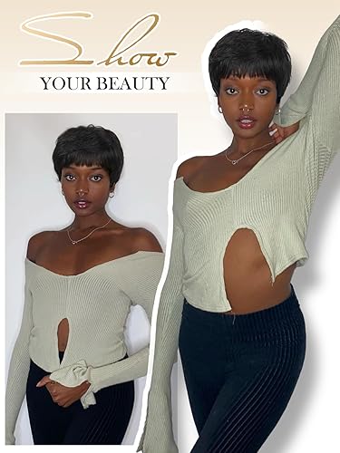 Miniatura 3 de Quantum Love Pelucas de cabello humano con corte Pixie, peluca de cabello humano en capas cortas para mujer, 6 pulgadas, sin pegamento, corte de