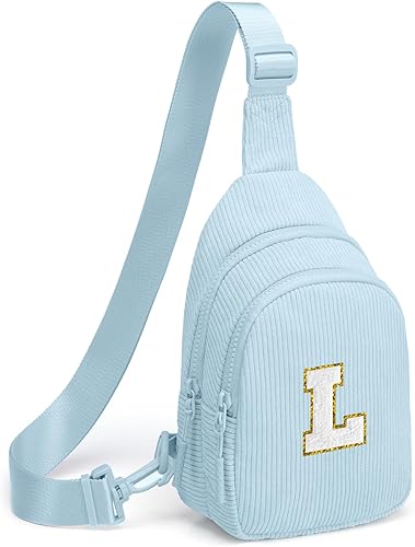 Viverte Small Corduroy Sling Bag Initial Crossbody Bag Fanny Pack for Girls Personalized Birthday Gifts for Teen Girls Gifts Trendy Stuff Teen Purse Cute Stuff for Girls (Icing Blue-L)