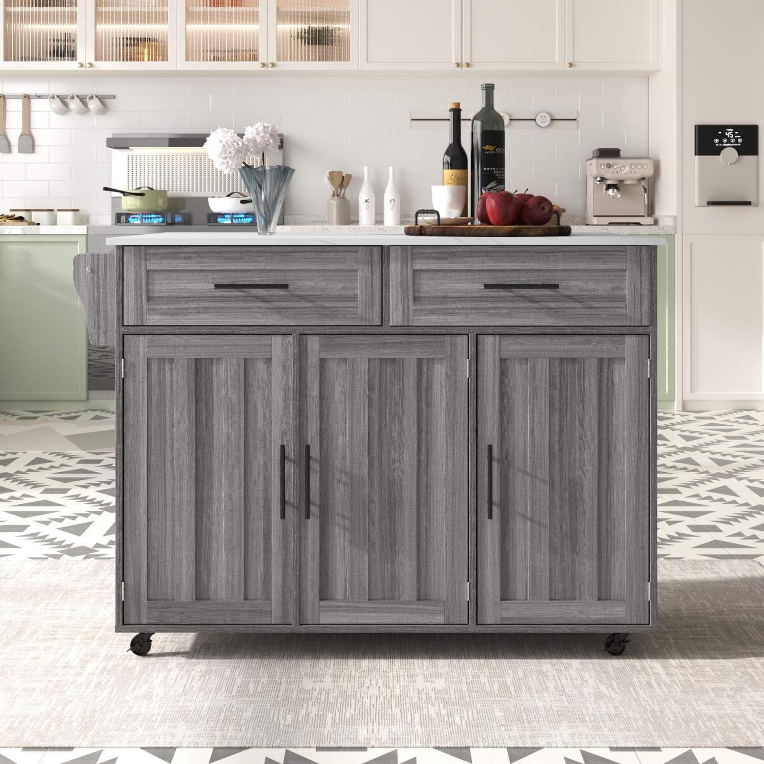 Îlot De Cuisine Mobile Pivotant Sweiko – Plan De Travail Extensible 112-180,5 Cm, 2 Tiroirs, 7 Roulettes, Blanc/noix - 8