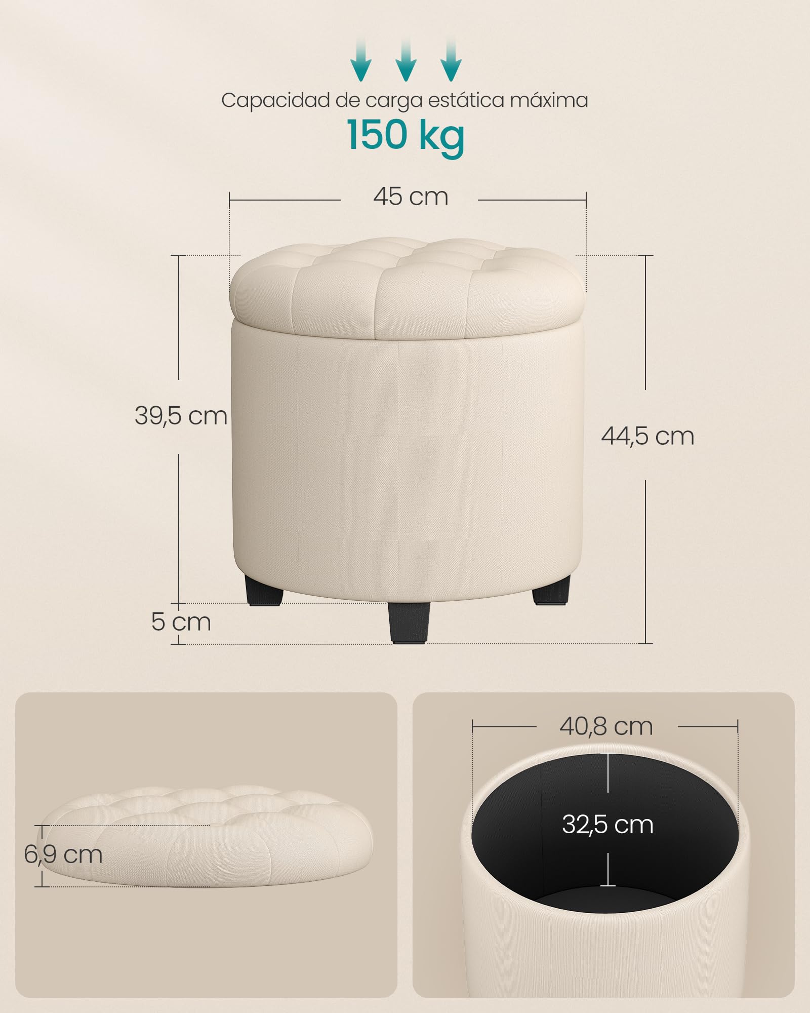 SONGMICS Puff Almacenahe, Banco de Almacenamiento, 45 x 45 x 44,5 cm, Reposapiés con Patas, Tejido con Aspecto de Lino, Carga hasta 150 kg, para Salón, Dormitorio, Beige Claro LOM011W01
