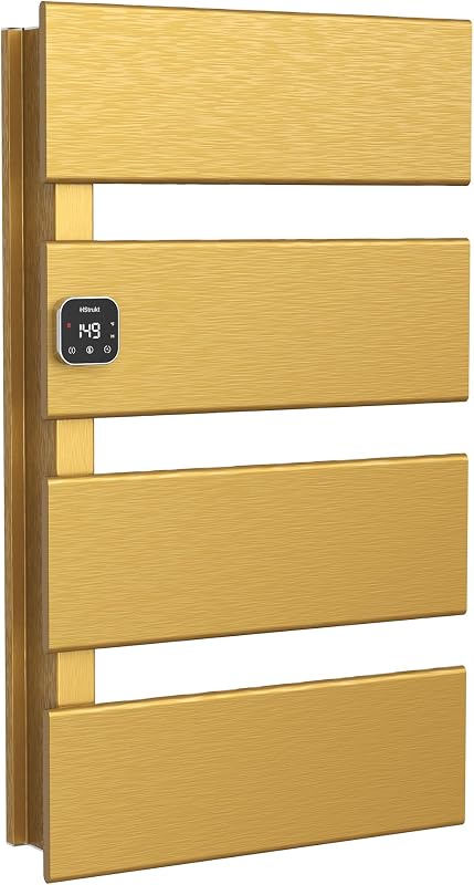 Calentador de toallas eléctrico serie L para baño, 4 paneles, dorado | Control térmico y temporizador, Calor rápido en 3 minutos, Secar toallas en 4 horas, Función de memoria, Funciona con enchufe inteligente, Cableado izquierdo