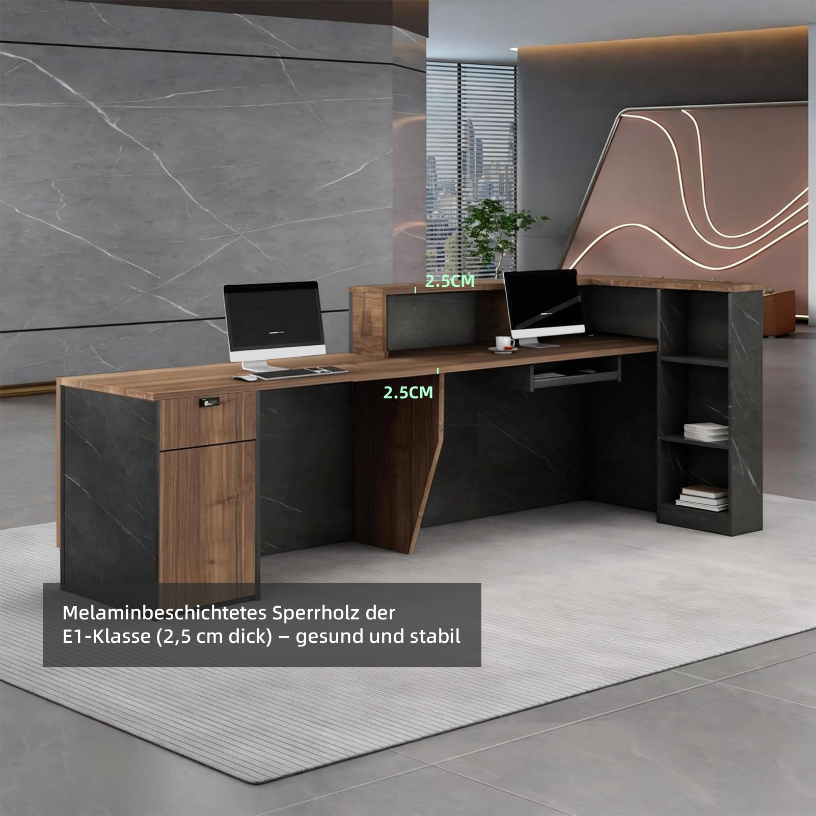 Moderne Empfangstheke L-Form Holz 220CM Empfangstresen mit Stauraum für Büros Rezeption Hotels (rechts hoch-C)