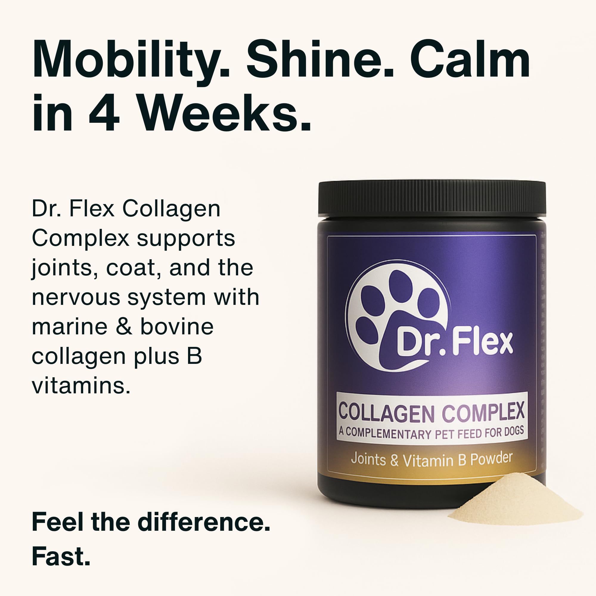 Dr. Flex Kolagen dla Psów + Kompleks Witaminy B – 300 g proszku z 4500 mg kolagenu wołowego i 500 mg hydrolizowanego kolagenu morskiego Typ I, II, III – witaminy B12, B1, B2, B3, B5, B9