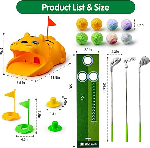 Miniatura 7 de Putting Green Indoor con palos de golf para niños pequeños, juego de fiesta con máquina automática de rebote de golf, tapetes de entrenamiento al