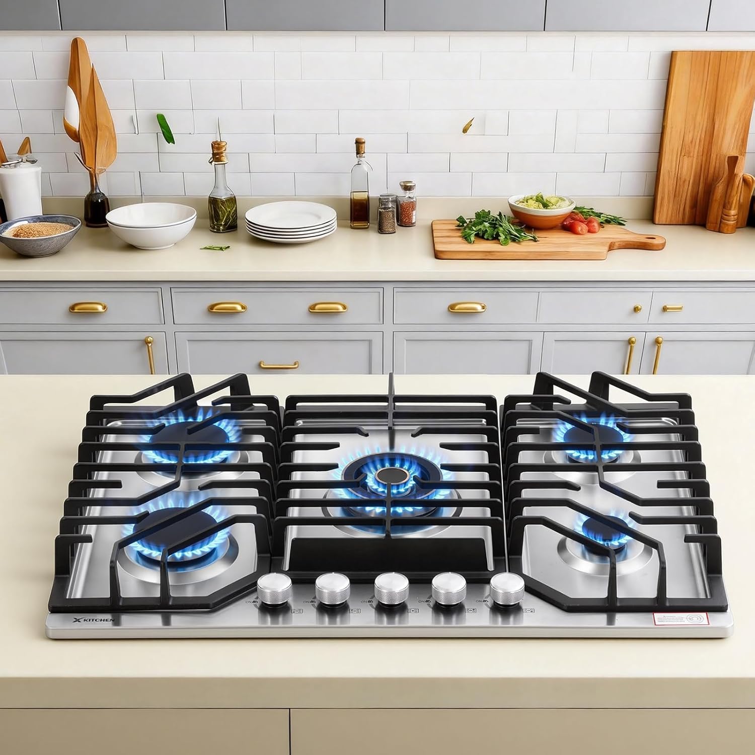 Gas Cooktop 30 Inch Stainless Steel Built-in 5 Burner, LPG/NG Convertible Stove Dual Fuel Gas Hob, Stovetop Max 15000btu