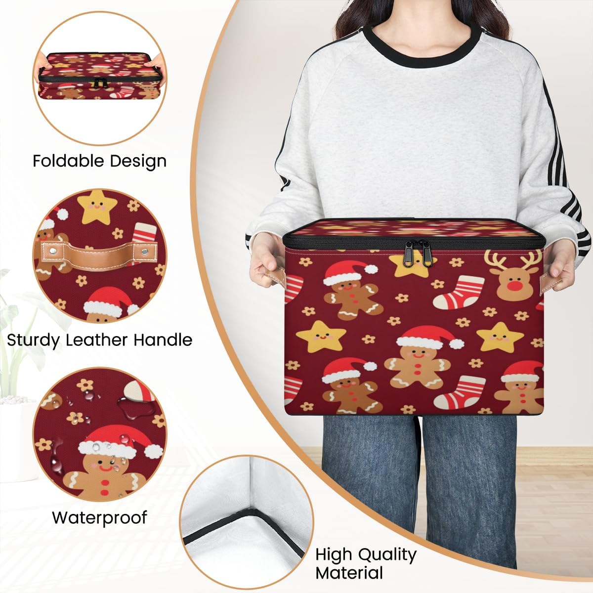 Storage Bin Set of 2 Cute Gingerbread Man Storage Basket with Zipper Lid & Handle Foldable Closet Shelf 2 Pack Cloth Organizer Basket Cube Bins for Bedroom, Nursery