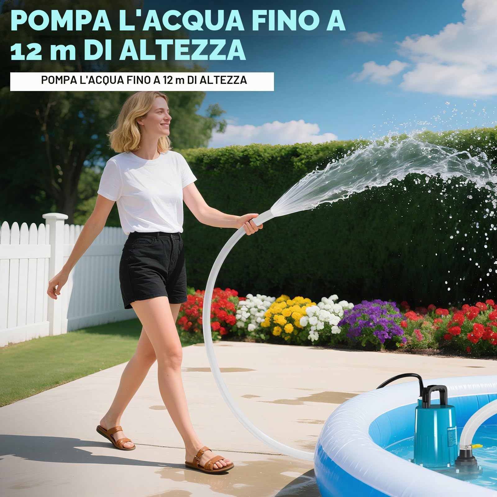 Pompa sommergibile a batteria, 21 V, 2000 mAh, pompa sommergibile con coperchio di sicurezza, tubo da 10 m, per piscina, letti d'acqua, pompa per acque reflue, copertura piscina