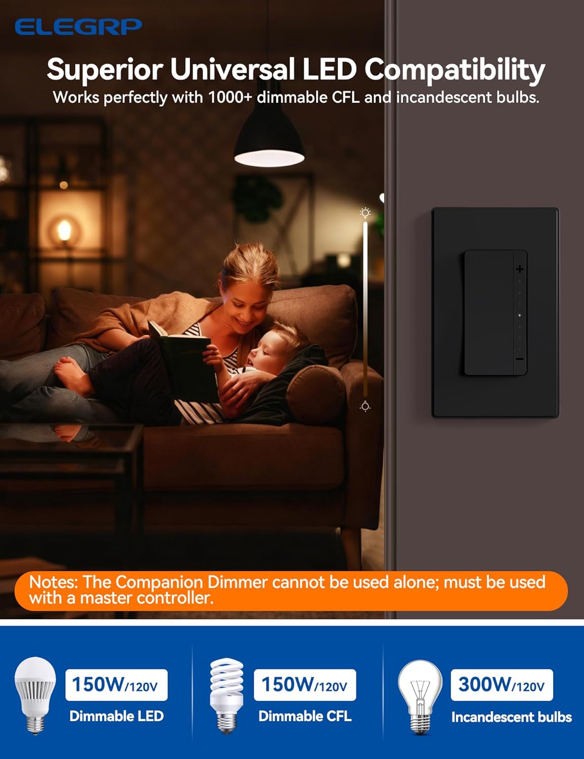 ELEGRP LEDPro™ Multi-Location Dimmer, EDM25BM Master Dimmer Light Switch for LED, Single Pole/3 Way/4 Way, 10 Pack, Matte Black