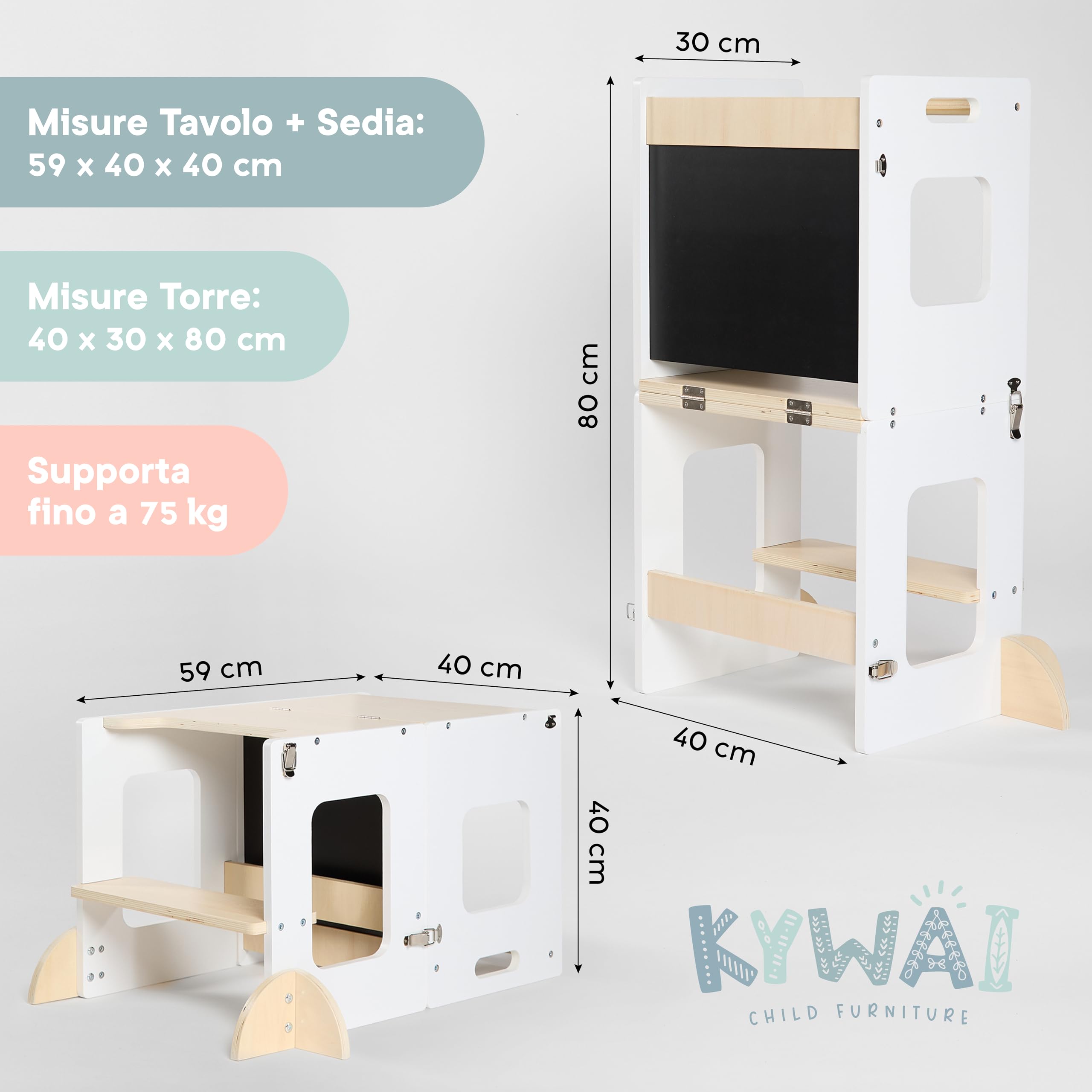 Torre Montessoriana Bambini 3 in 1 con Lavagna e Gambe di Sicurezza Scrivania Pieghevole Legno Sostenibile