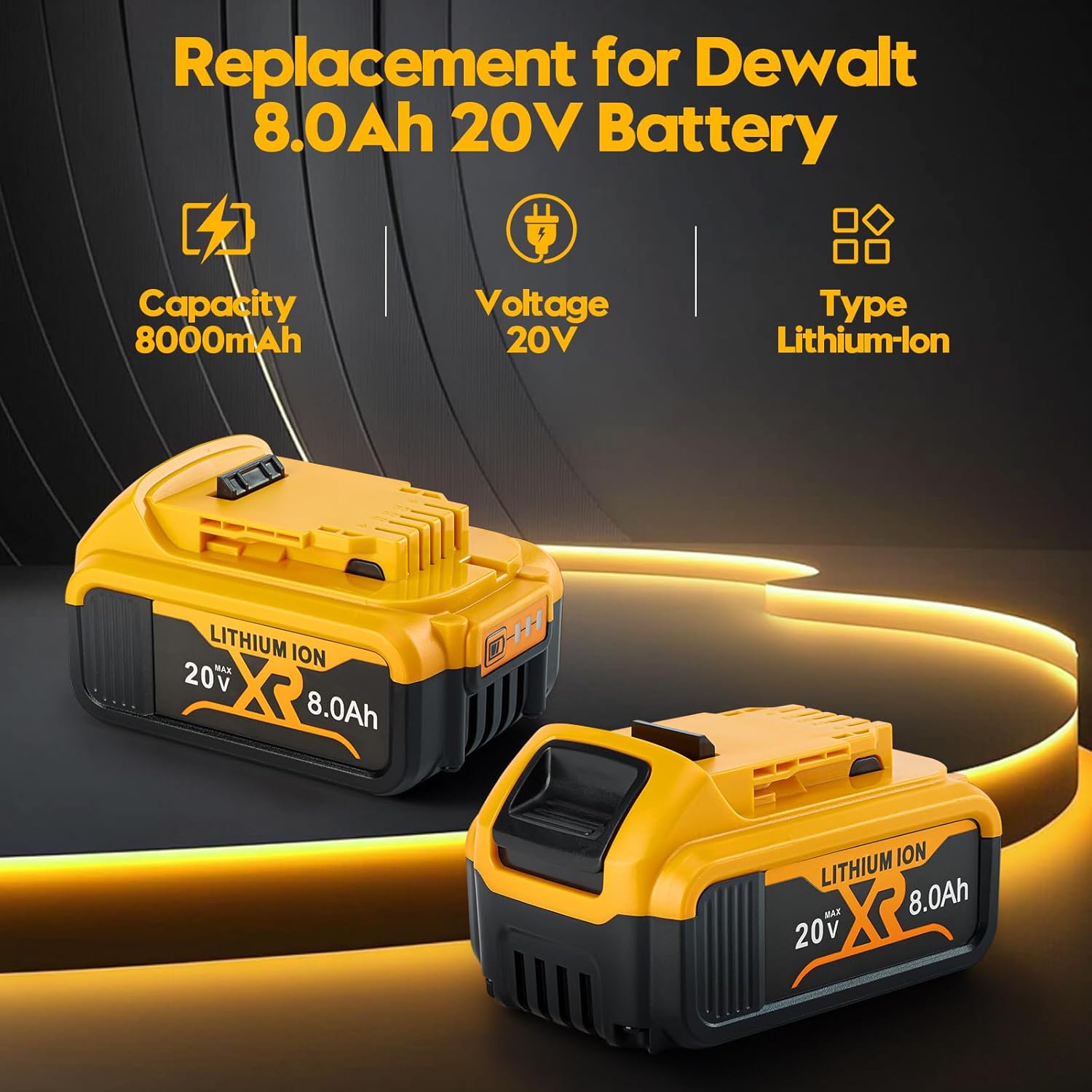2Pack 8.0Ah Battery Replacement for Dewalt 20V Max Battery Compatible with Dewalt 20V DCB208 DCB200 DCB206 DCB205 DCB204 DCB203 DCB180 Cordless Power Tools LED Indicator - Image 2