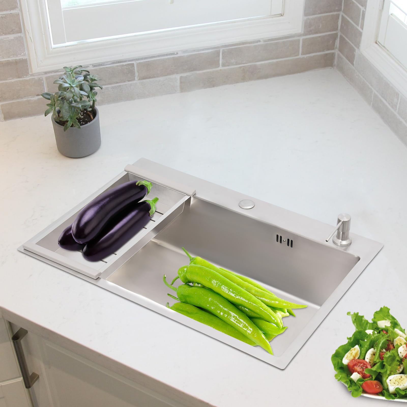 Fregadero de acero inoxidable 68 x 45 cm, fregadero de cocina de alta calidad y fregadero empotrable, con escurridor y escurridor, fregadero de granito empotrable a partir de 45 cm, incluye