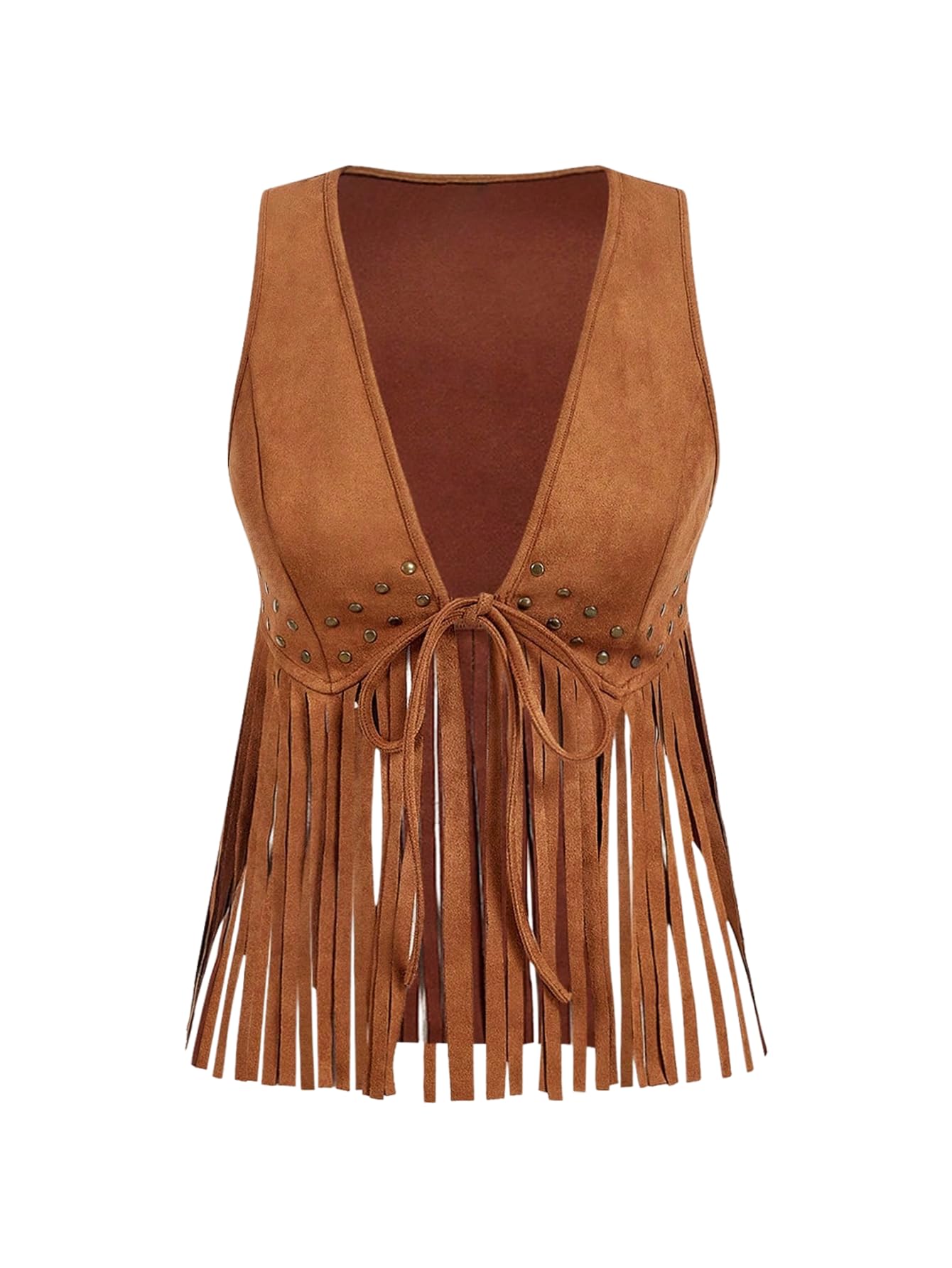 MakeMeChic Womens Fringe Cowgirl Vest Tops Rivet Studded Suede Tie V Neck Y2K Crop Tops