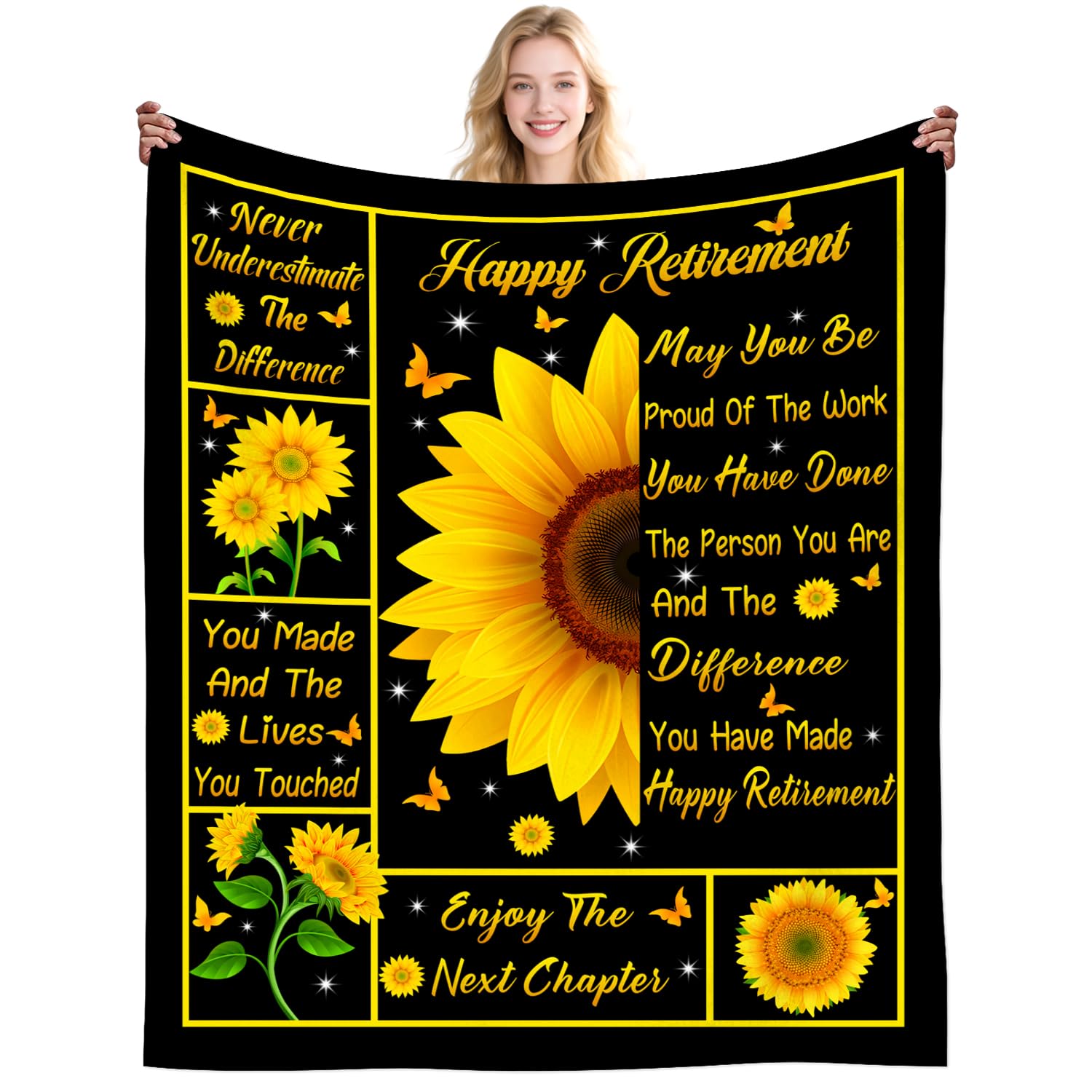Dikogogo Women's Retirement Gifts For Sunflower Happy Retirement Blanket Gift For Woman Men Farewell Gifts For Nurse Teacher Friends Retired Coworker Gifts Ideas Party Decorations 50"X40"Inch