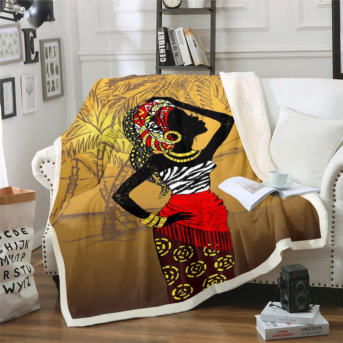 Loussiesd African Woman Themed Fleece Blanket African Pattern Warm for Sofa Couch Women Palm Tree Print Sherpa Ethnic Afro Style Bedroom Decor King 87"*94"