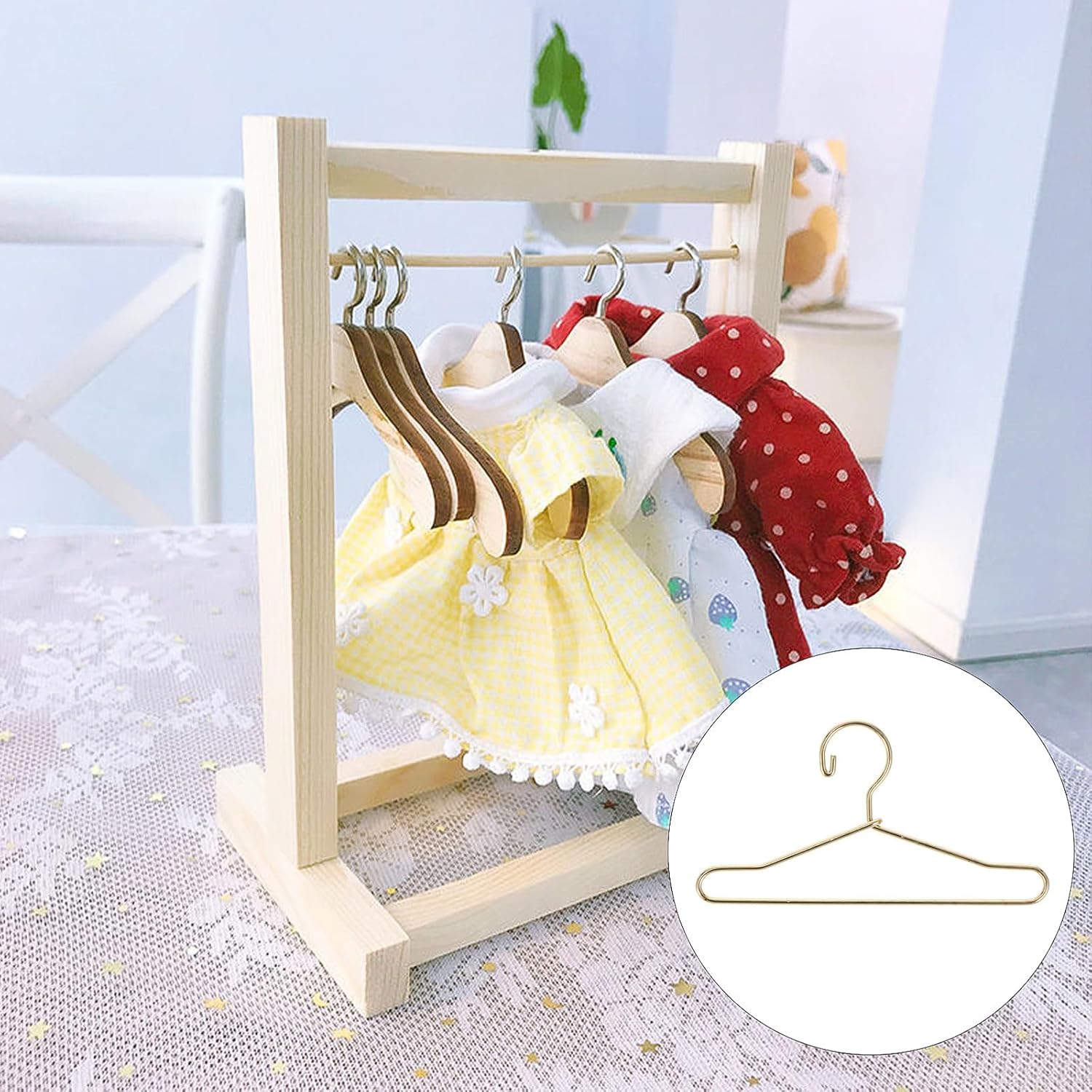 EXCEART 20 Pcs Doll Clothes Hanger Metal Doll Outfit Hanger Wardrobe Clothes Accessories Wire Hangers,Coat,Metal Hangers for Gown Dress Outfit 65mm Golden