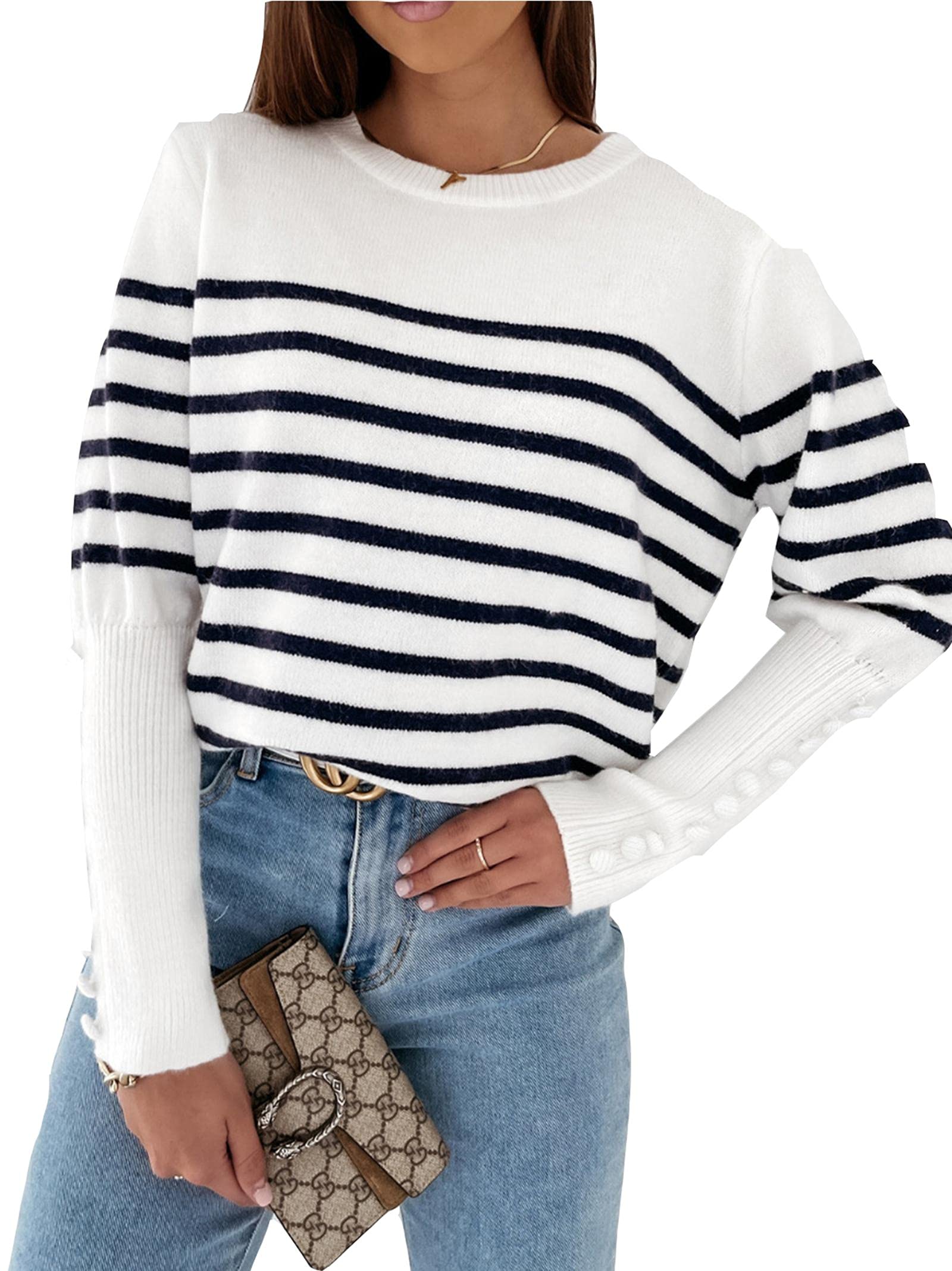 FEIYOUNG Womens Casual Round Neck Button Sleeve Pullovers Soft Striped Sweater Shirts