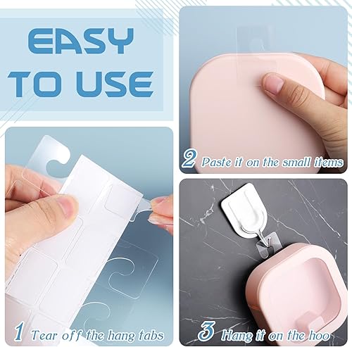 Miniatura 3 de Prudiut Paquete de 300 pestañas para colgar, etiquetas adhesivas para colgar, pestañas adhesivas resistentes, ganchos para colgar para exhibiciones