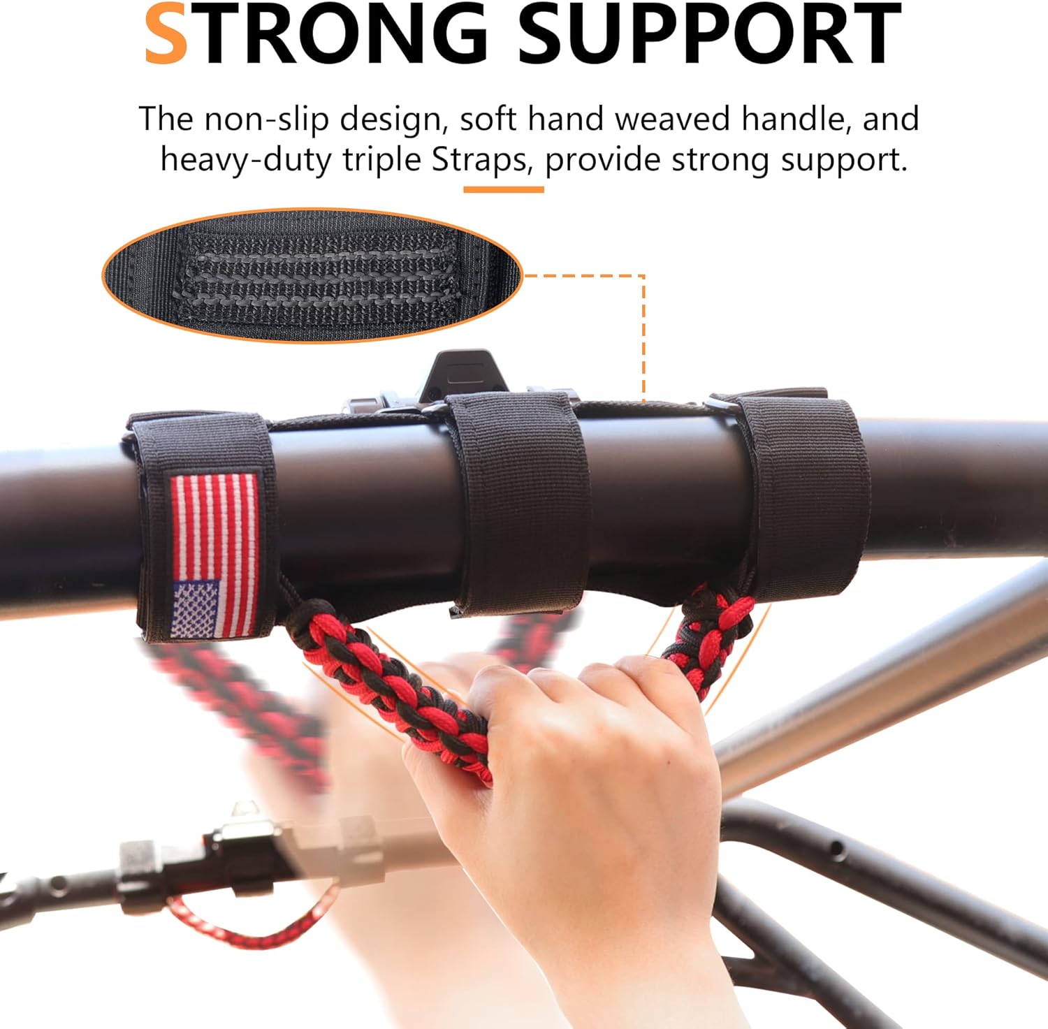 UTV ATV Grab Handles with Dome Light 1.75”-2” Roll Bar Paracord Hand Hold Straps Grab Handles Grips with Light Bar for Polaris RZR Ranger Kawasaki Can Am X3 Pioneer Talon, 2 Pack Black